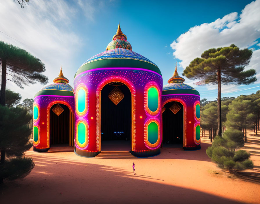 Vibrant illuminated building with dome roofs in sandy landscape