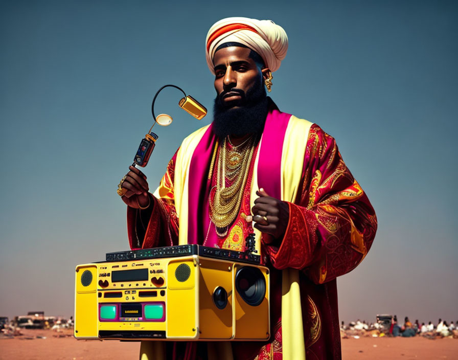 Person in Traditional Attire with Boombox and Microphone in Desert