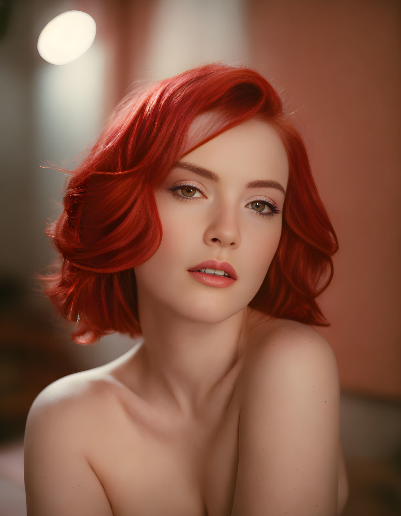 Vibrant red wavy hair, green eyes, bare shoulders on warm blurred background