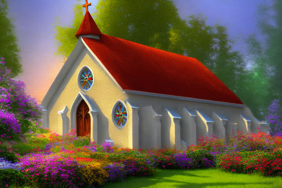 Quaint church with red roof and stained glass windows surrounded by colorful flowerbeds