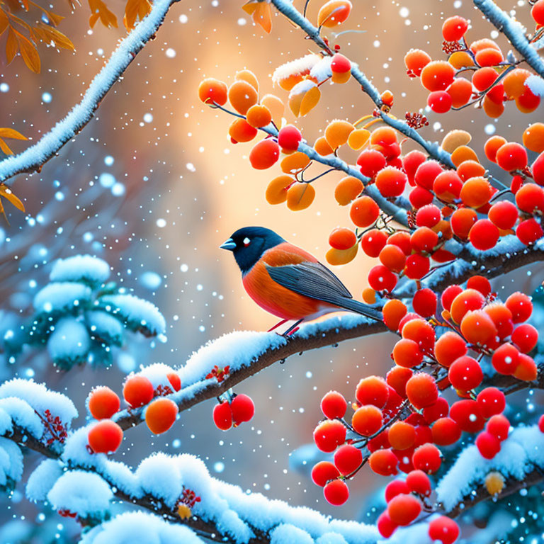 Orange Bird on Snow-Dusted Branch with Red Berries in Winter