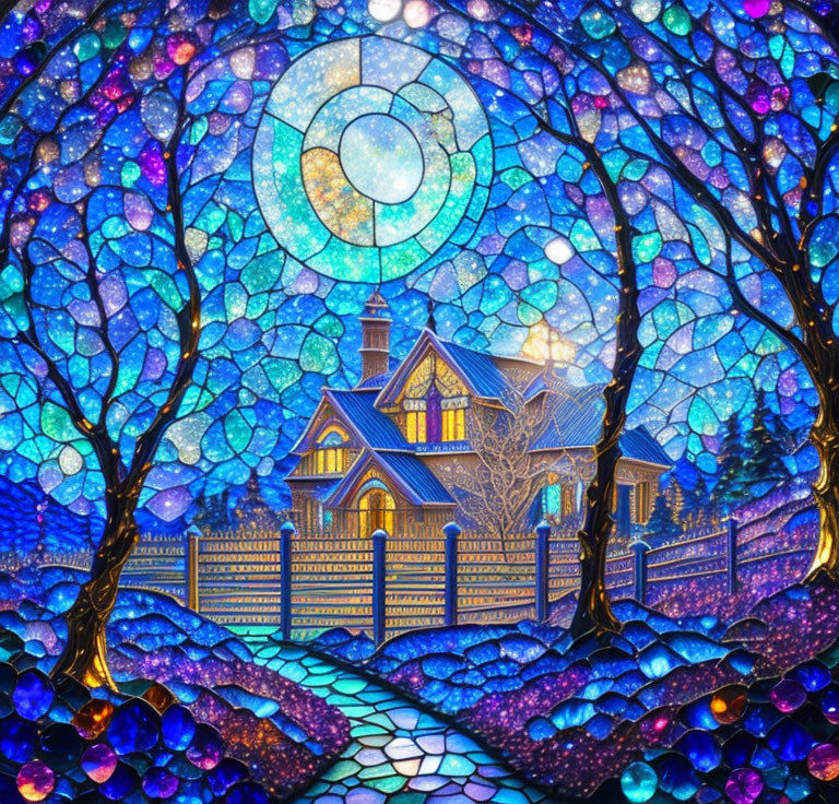 Colorful Stained Glass Art: Cozy House, Fence, Moon, Trees