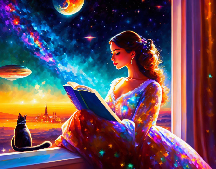 Woman reading by window in starry dress with cat, vibrant colors & cosmic view.