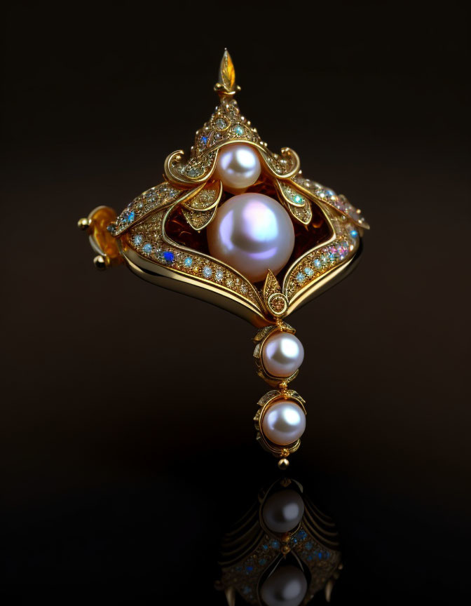 Golden pendant with pearls and gemstones on dark reflective surface