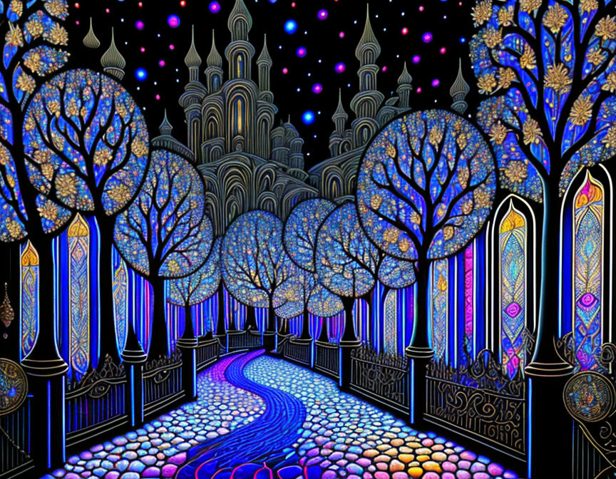 Enchanted pathway with luminescent trees and castle under starry sky