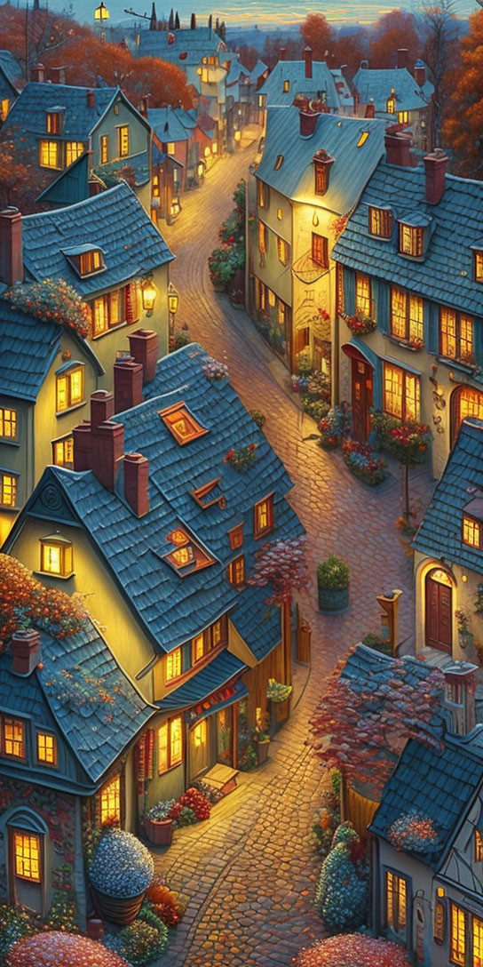 Picturesque village cobblestone street at dusk with autumn foliage.