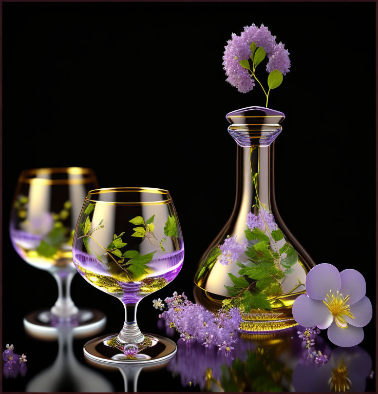 Floral-themed glassware set with purple and green accents on black background