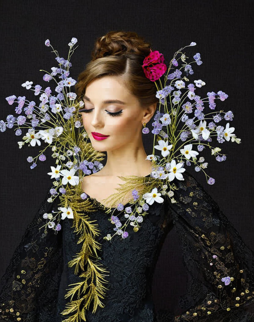 Woman wearing floral headdress and black lace dress on dark background