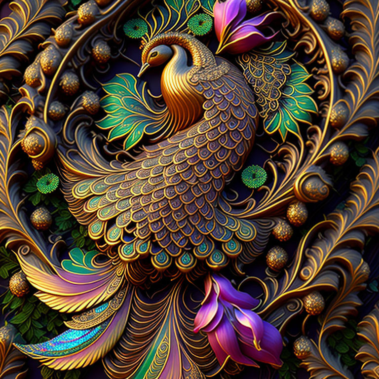 Colorful digital artwork of ornate peacock with intricate floral patterns