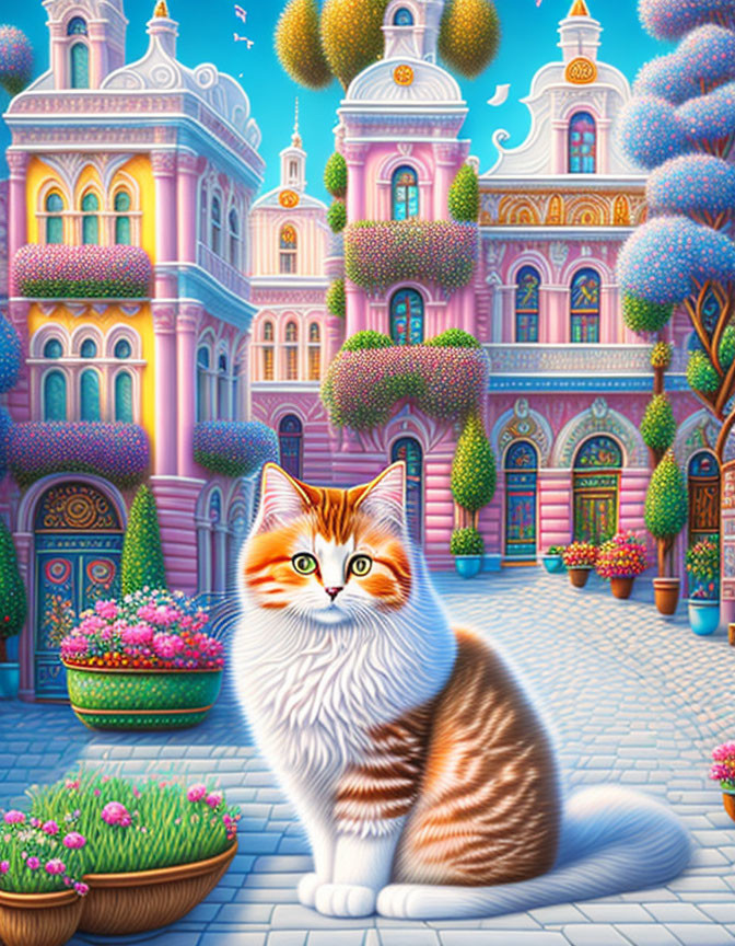 Fluffy orange and white cat in front of pastel buildings and greenery