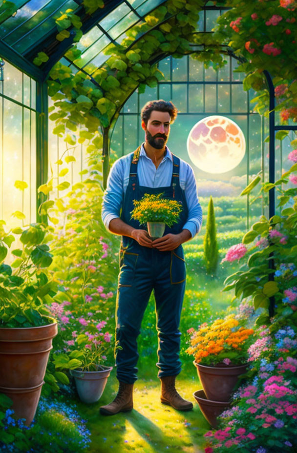 Bearded man in greenhouse with yellow flowers and moonlit sky