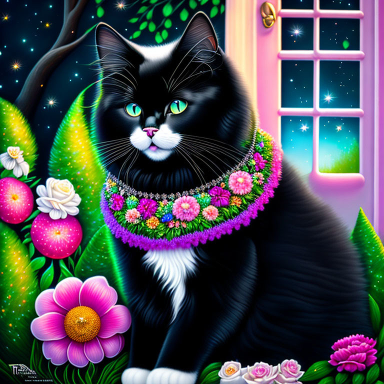 Colorful Illustration of Cat with Floral Necklace Among Vibrant Flowers