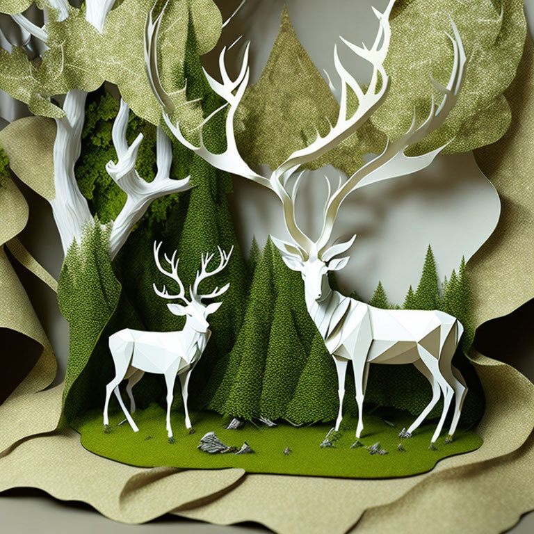 Geometric paper art of white deer in green forest scene