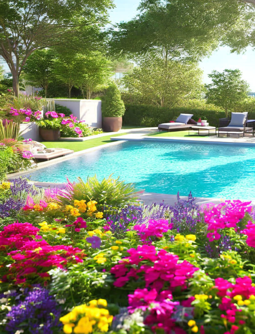 Vibrant flower garden with pool and sun loungers under clear blue sky