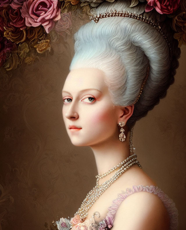 Elaborate powdered wig portrait of a woman with pink roses, pearl jewelry