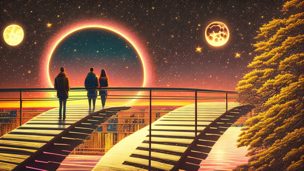 Futuristic bridge scene with couple and cityscape view