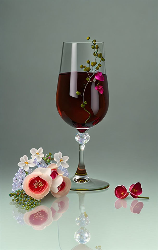 Red wine glass with pink flowers and green vines on reflective surface