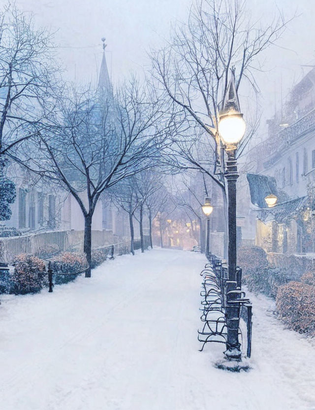 Snowy Street Scene with Lit Lamps, Bare Trees, and Benches on Foggy Evening