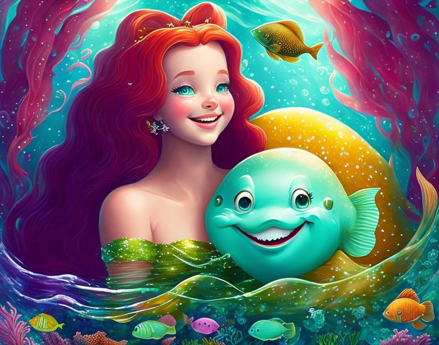 Cheerful mermaid with red hair and green top smiles next to friendly blue fish