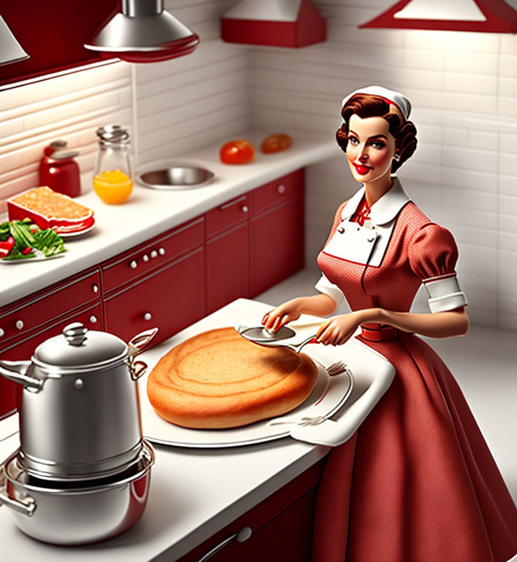 Vintage woman in red dress and apron with pancake in kitchen