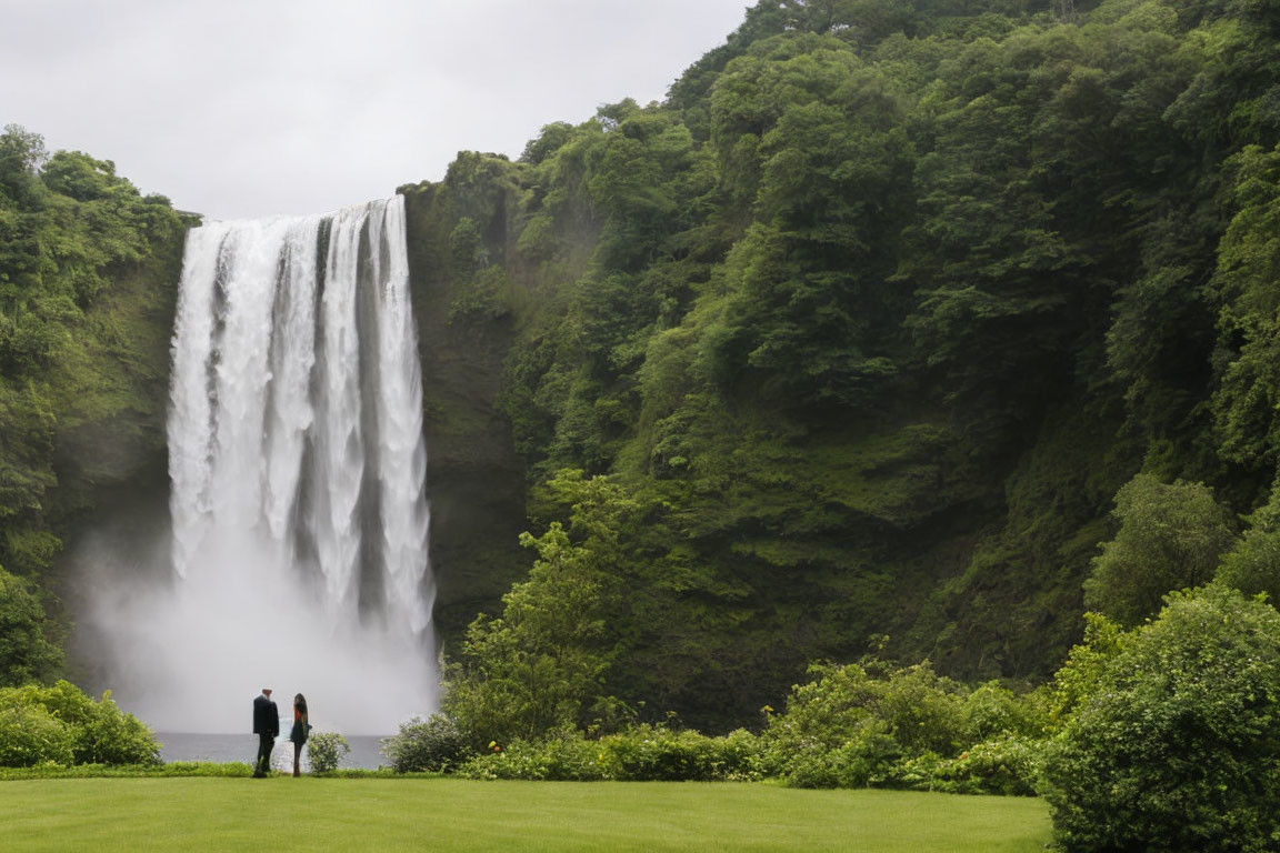 Couple admiring majestic waterfall in lush green setting