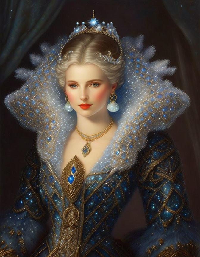 Luxurious Blue Gown with Sparkling Jewels and Tiara