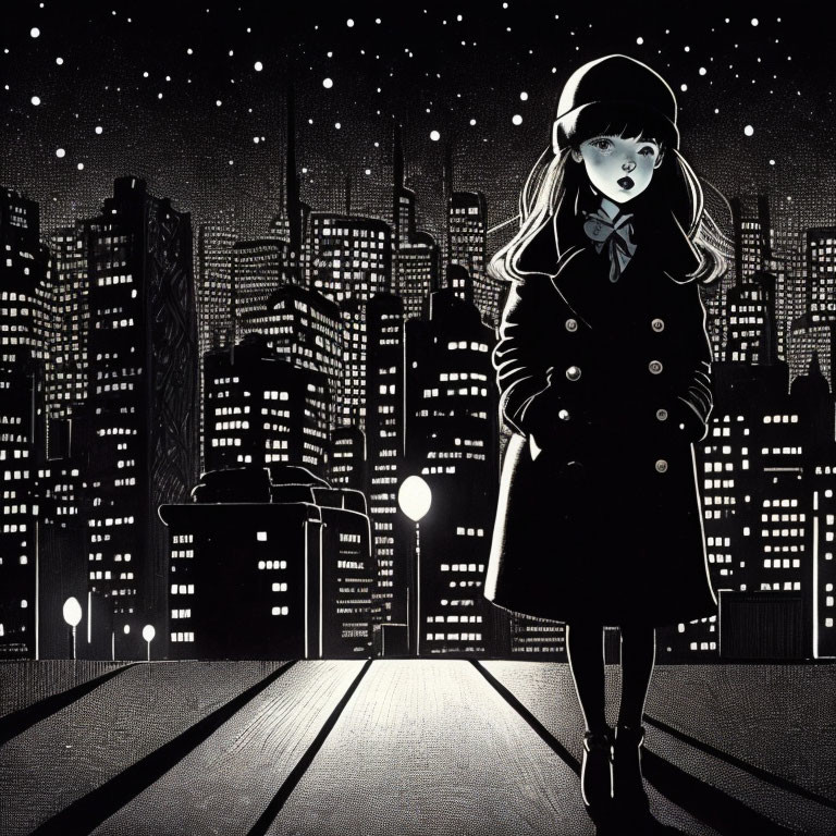 Monochrome illustration of girl in coat & beret on city street at night