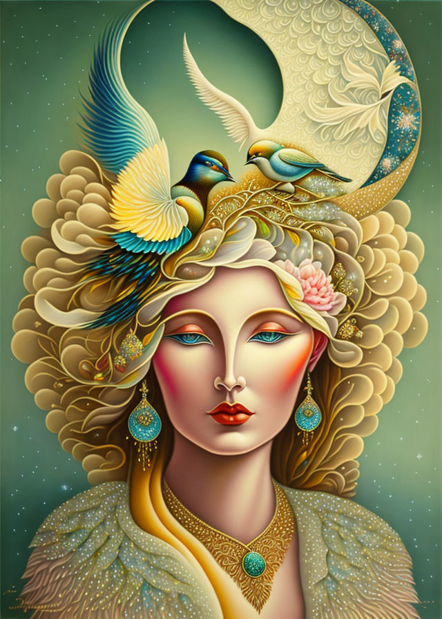 Illustration of woman with golden hair, birds, flowers, crescent moon - serene, mythological