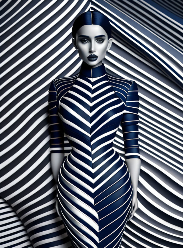 Surreal optical illusion: Female figure in striped outfit