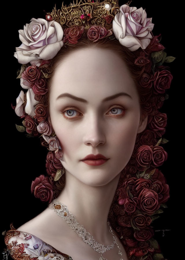 Portrait of Woman with Pale Skin, Red Lips, Dark Hair, Crown of Red and White Roses,