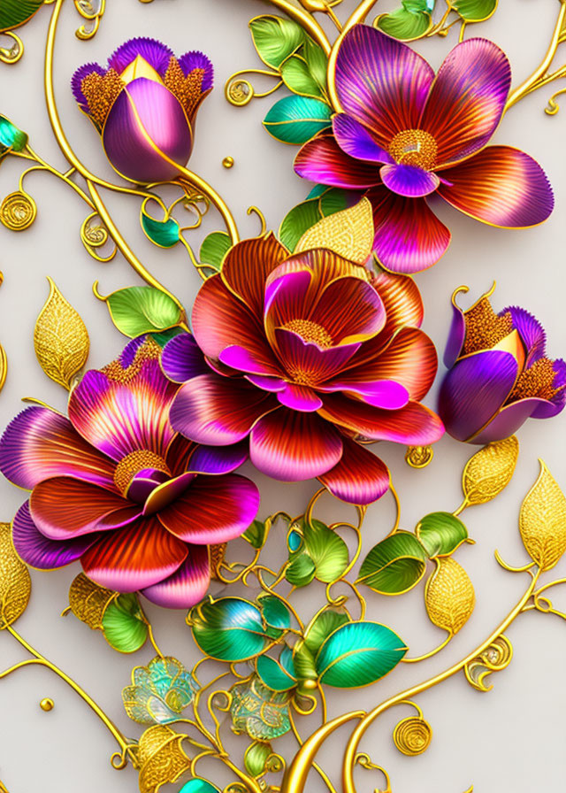 Stylized flowers with gold accents on creamy background