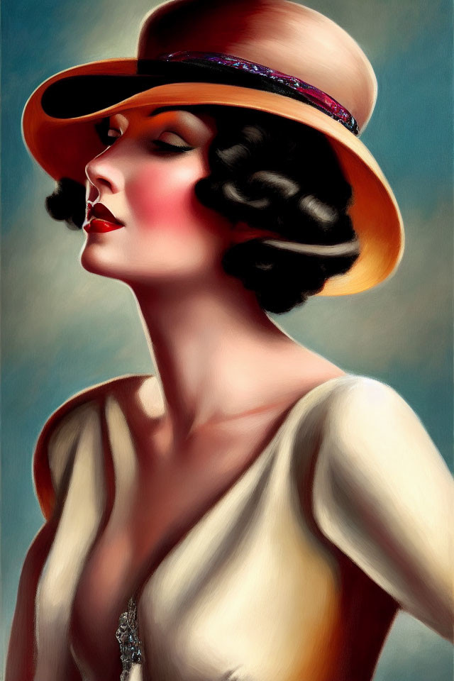 Vintage portrait of a woman in wide-brimmed hat, wavy hair, deep-cut blouse