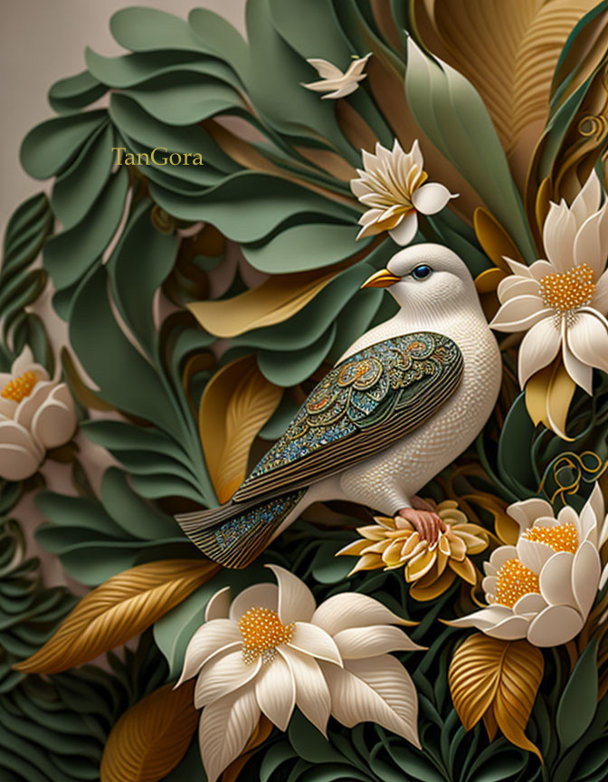 Intricate Bird Artwork Among Green Foliage and White Flowers