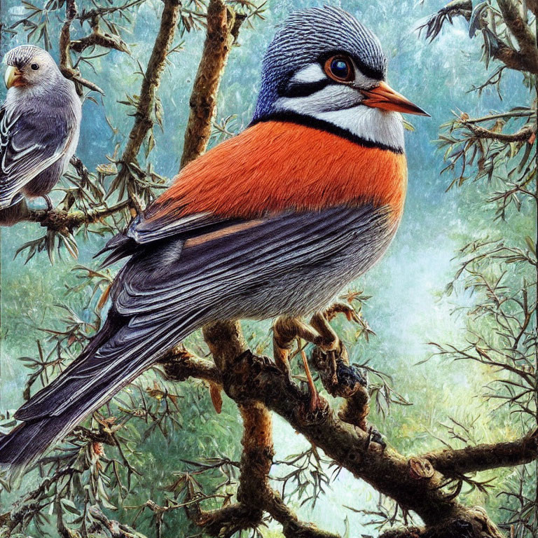 Vibrant birds with orange, white, and gray plumage on mossy branch