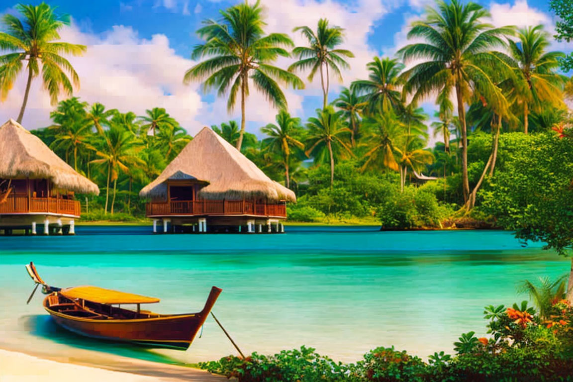 Tropical beach with overwater bungalows and palm trees