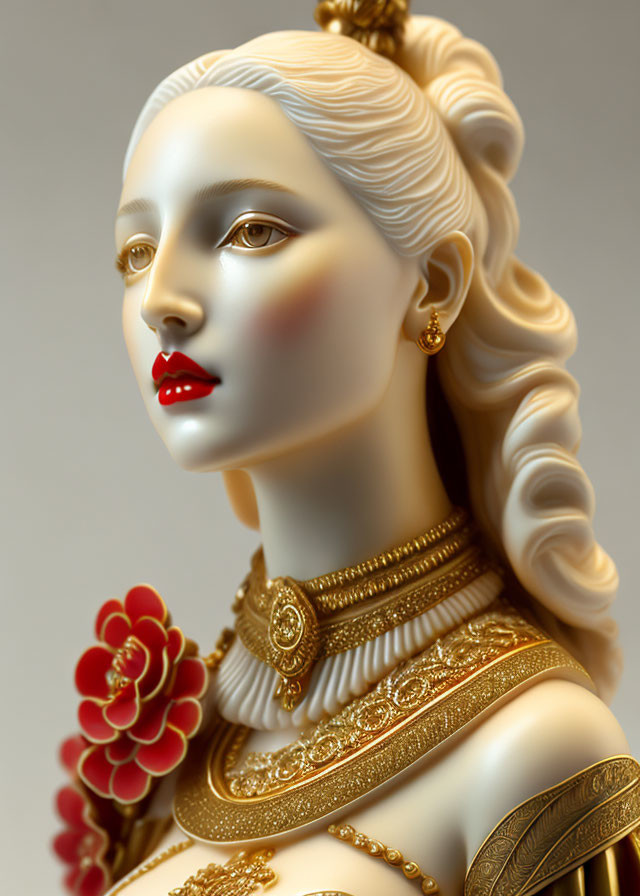 Classical female bust sculpture with gold jewelry and red lipstick