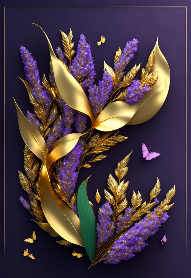 Purple Flowers and Wheat Bouquet with Butterflies on Purple Background