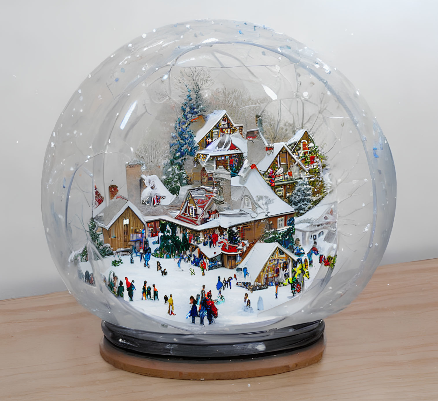 Christmas snow globe with festive houses, trees, and figurines on wooden surface