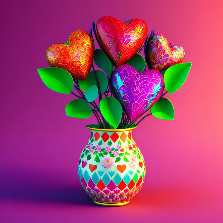 Vibrant digital artwork: patterned vase, heart-shaped flowers, pink & purple background