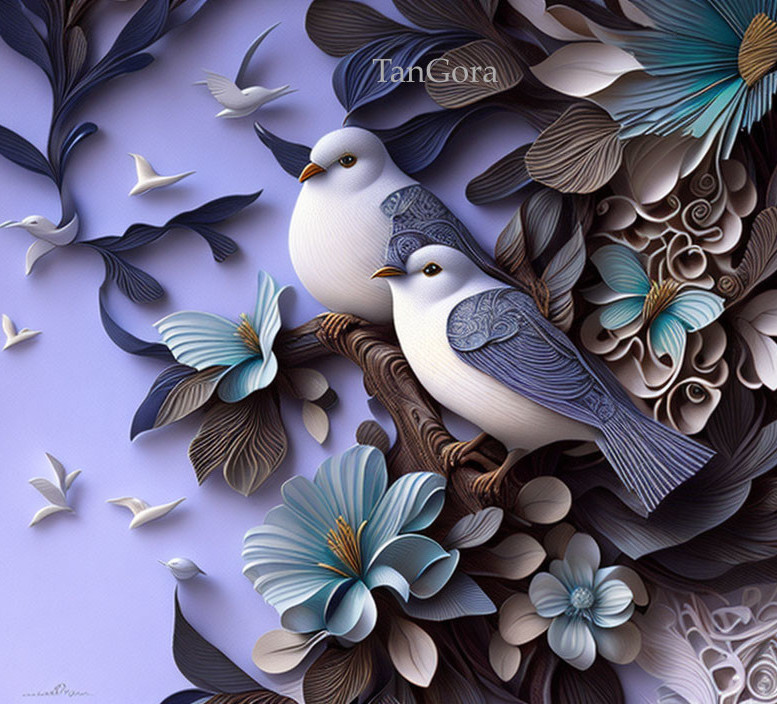 Stylized birds with intricate patterns on branch among blue flowers and smaller birds in flight