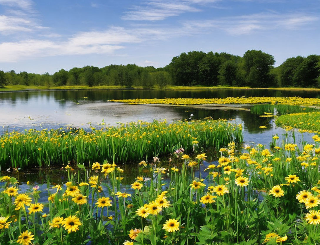 Tranquil Lake with Greenery, Yellow Flowers, and Blue Sky