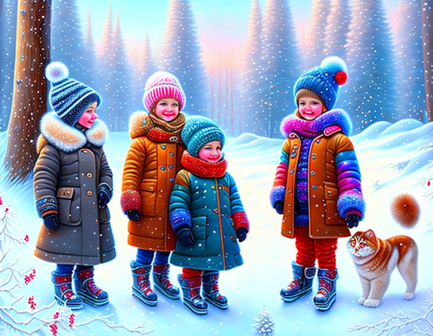 Four animated children in colorful winter clothes with a friendly orange cat in a snowy landscape