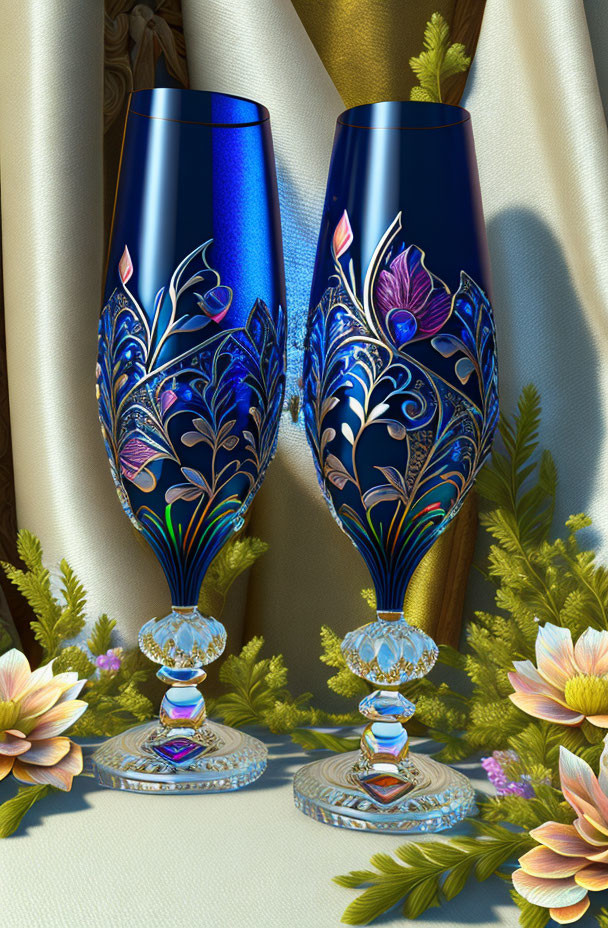 Ornate blue wine glasses with gold and floral patterns on golden fabric with blooming flowers