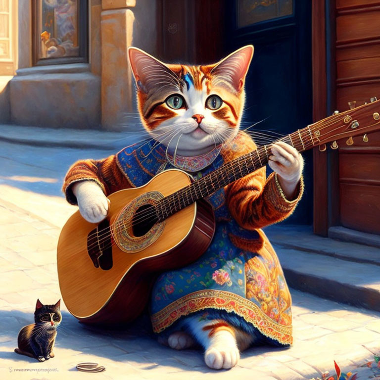 Colorfully dressed anthropomorphic cat plays guitar on sunny street with attentive kitten.