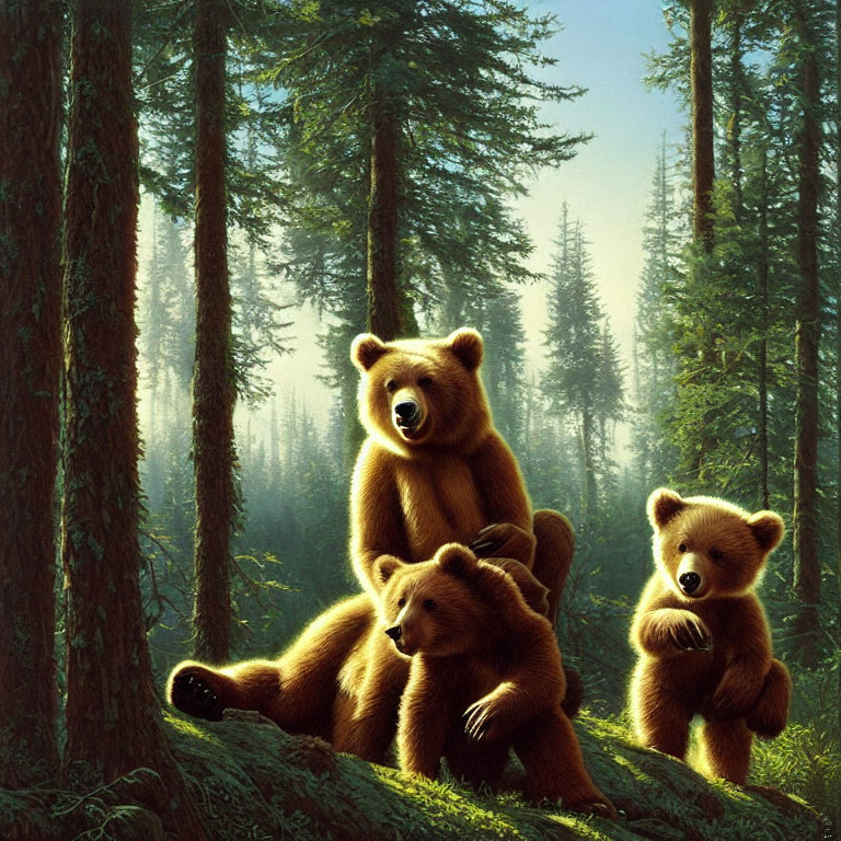 Four Bears in Sunlit Forest with Tall Trees