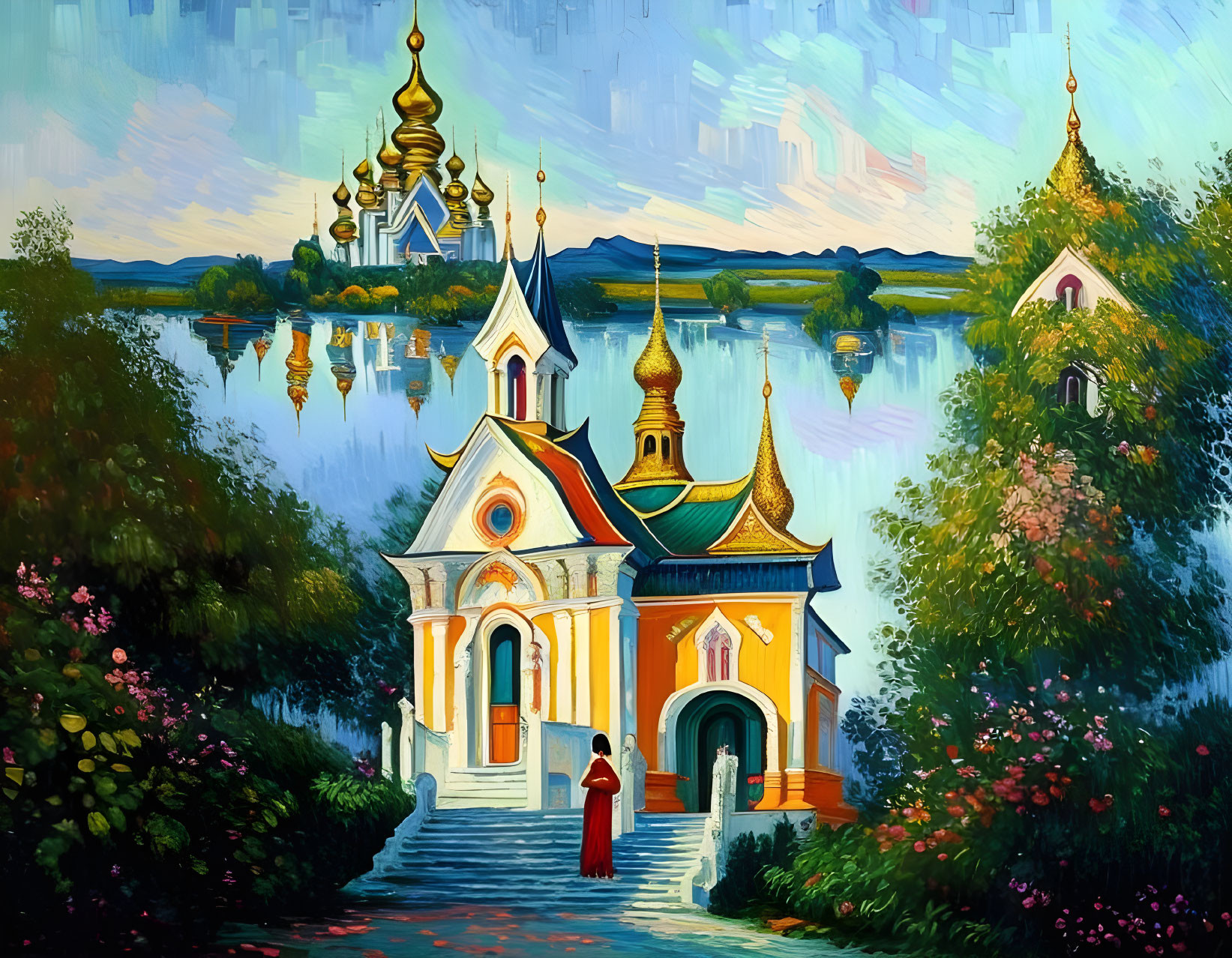 Colorful Church with Golden Domes by a Serene Lake