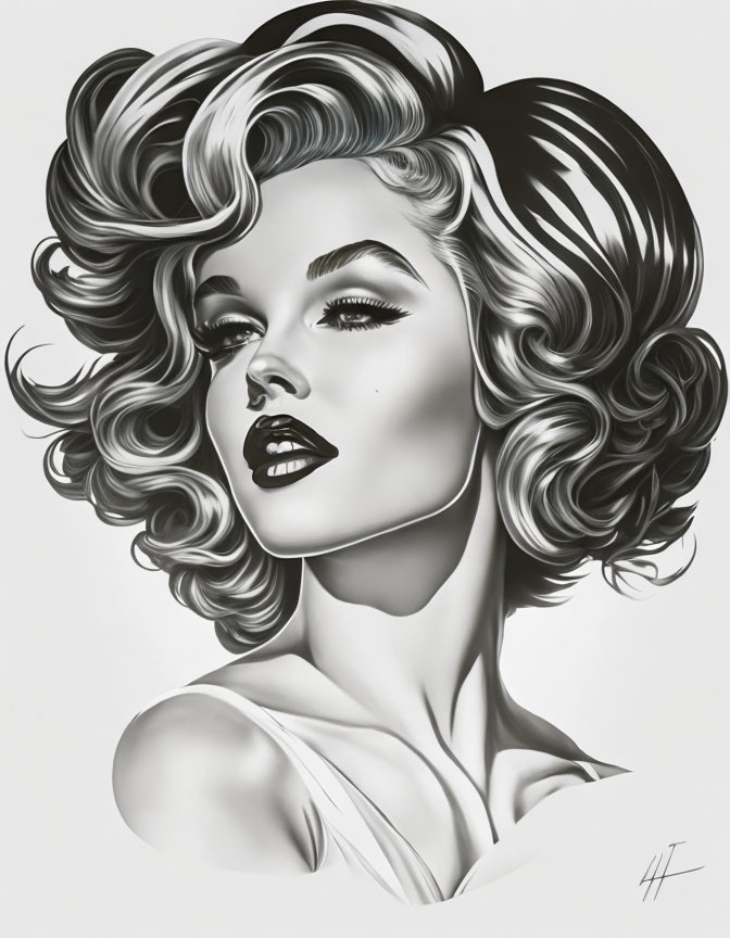 Monochrome portrait of woman with curly hair and off-shoulder top