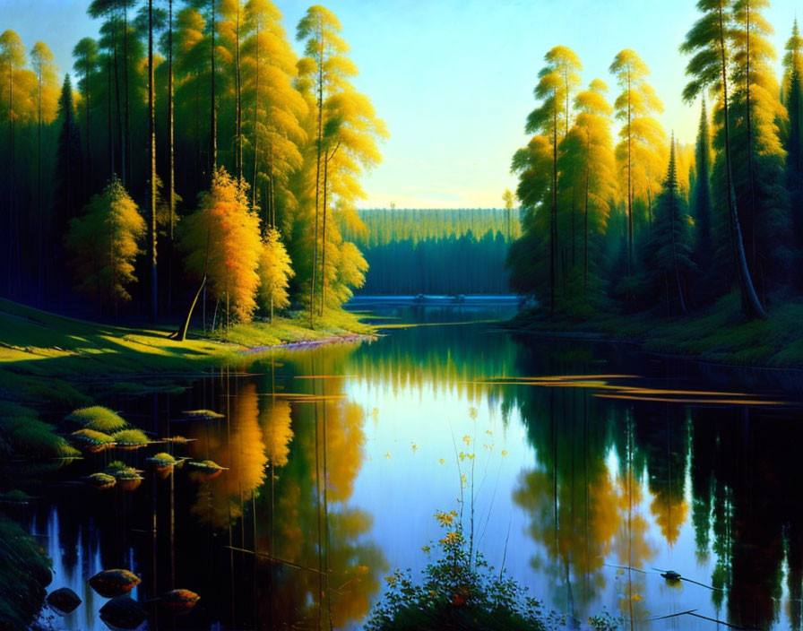 Sunlit forest scene with tall trees and river reflections.