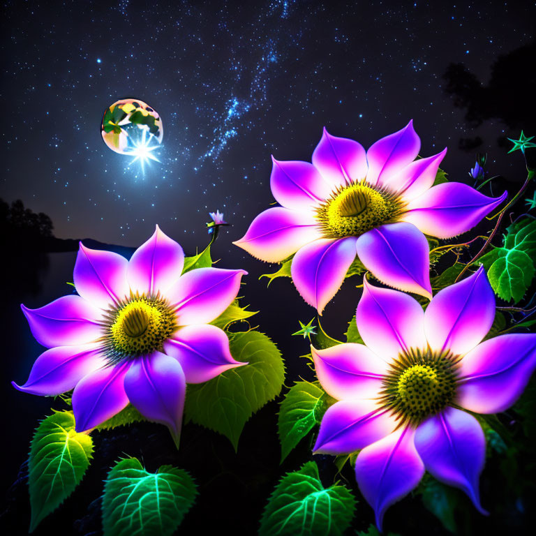 Glowing purple flowers under night sky with stars and moon