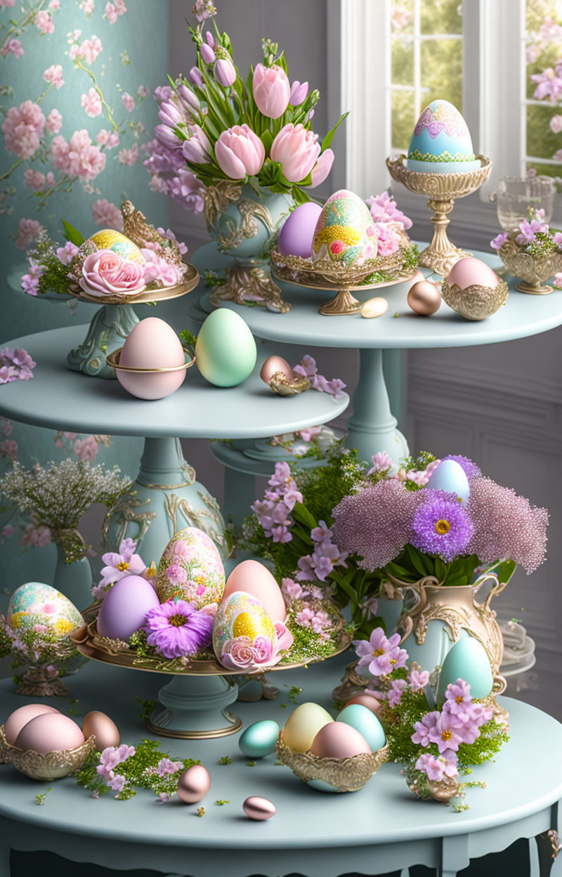 Easter display with decorated eggs and spring flowers on tiered stands